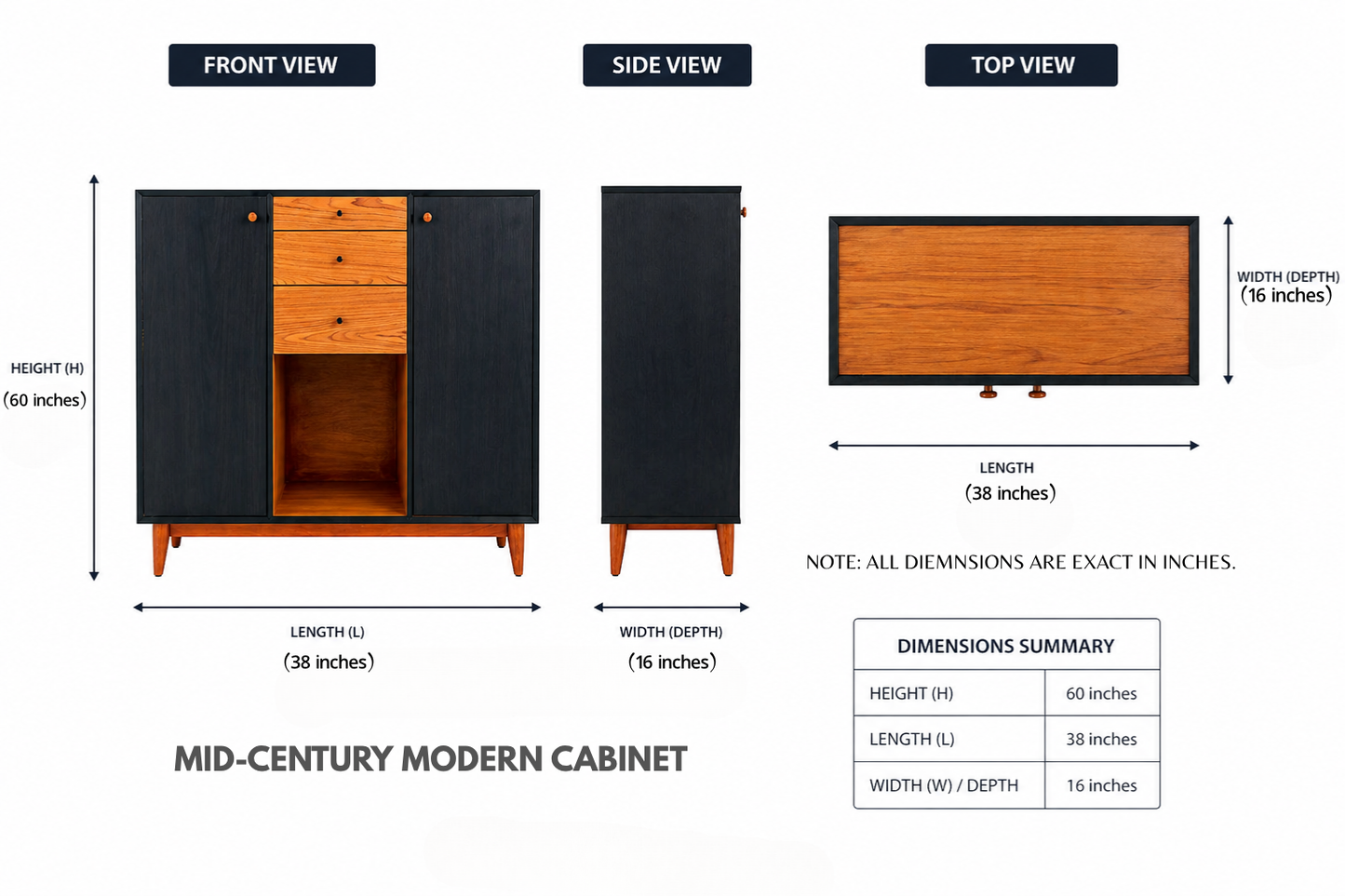60in Mid-Century Modern Cabinet- Teak & Black (৬ কুঠুরি ২ দরজা)