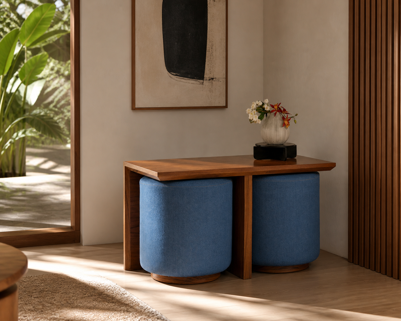 Side Table with Twin Pouffe (সাইড টেবিল ও জোড়া মোড়া)